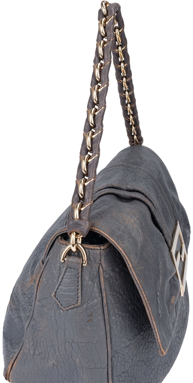 Fendi Fendi Grey Leather Big Baguette Buckle Shoulder Bag Grijs