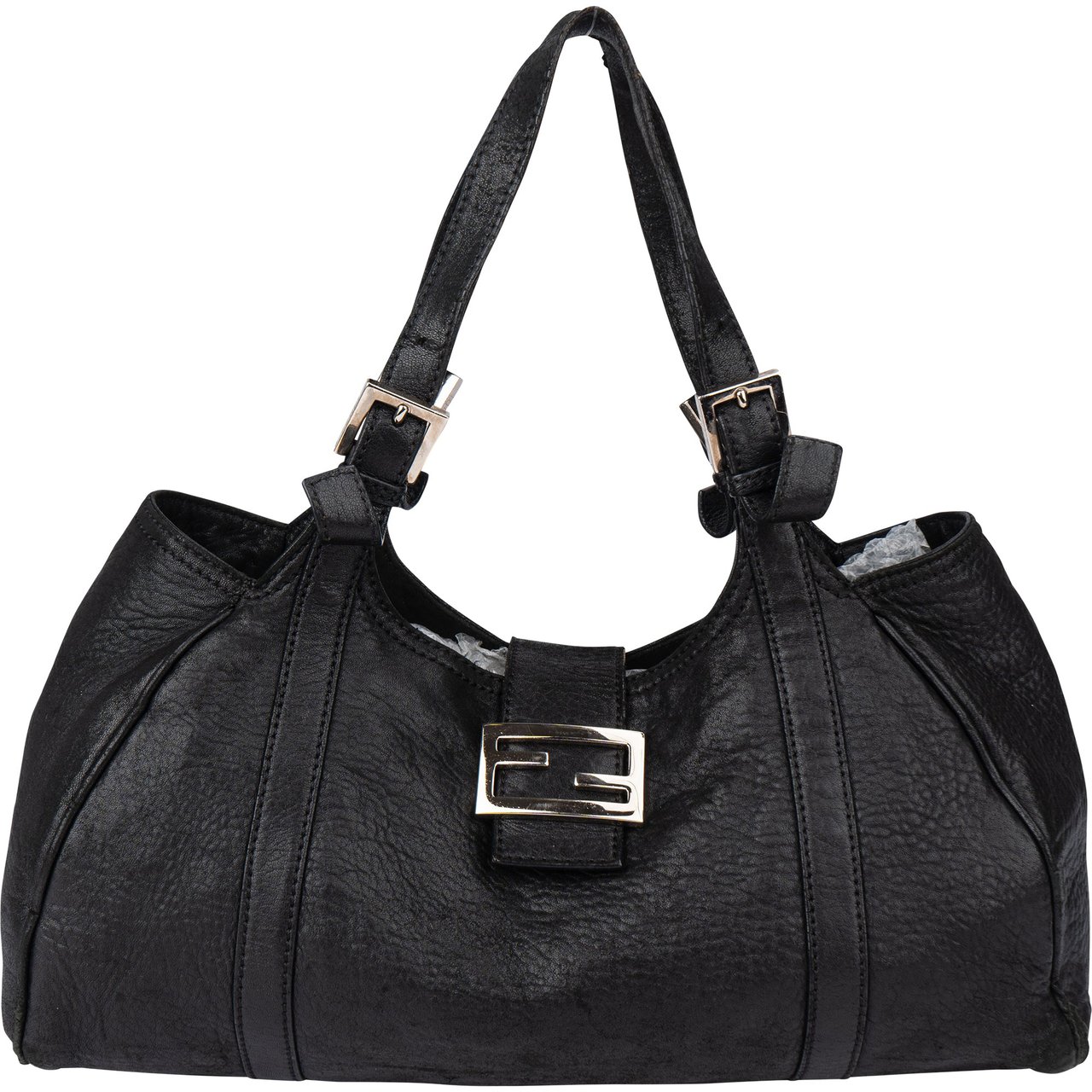 Fendi Fendi Black Leather Baguette Buckle Handbag Zwart