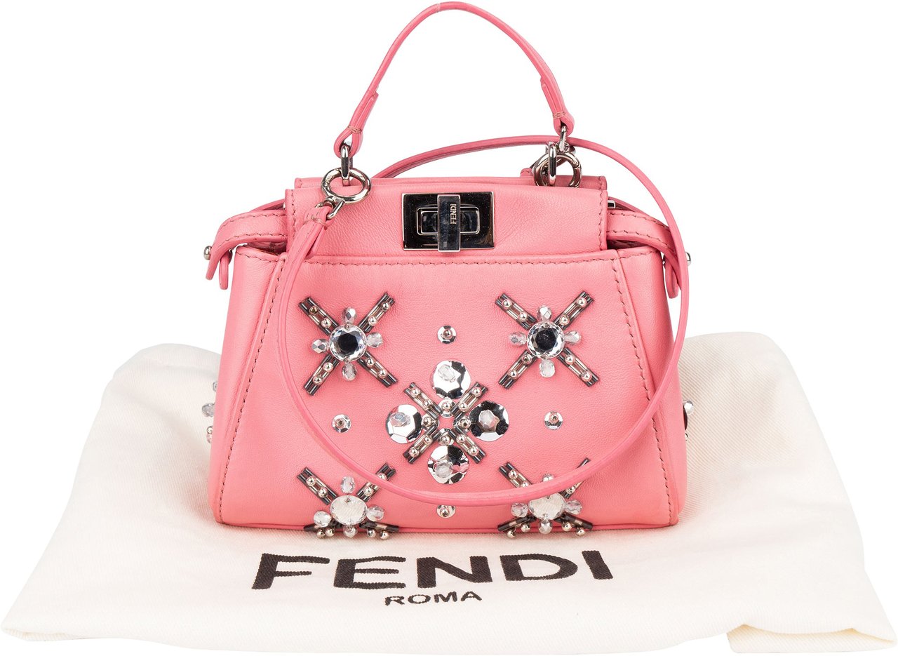 Fendi Fendi Pink Leather Crystal Micro Peekaboo Handbag Roze