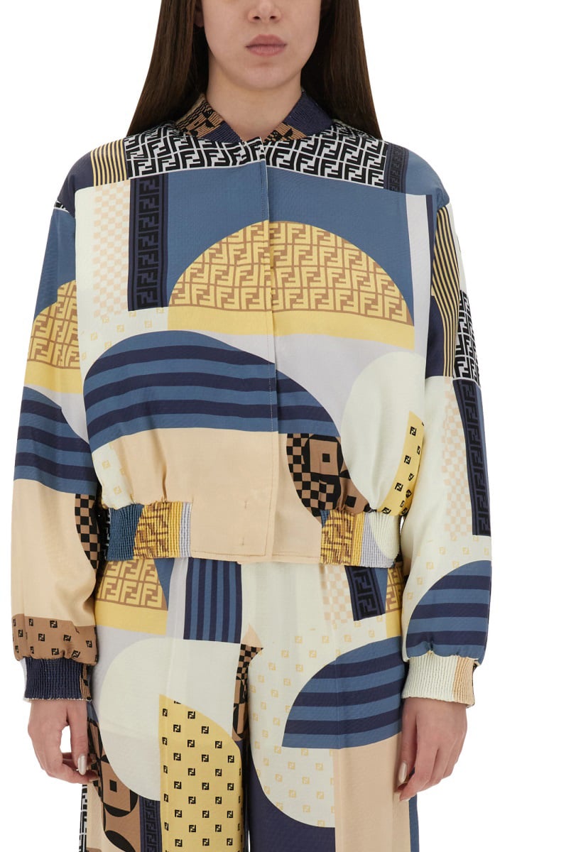 Fendi SILK BOMBER JACKET WITH PATCHWORK PRINT Blauw