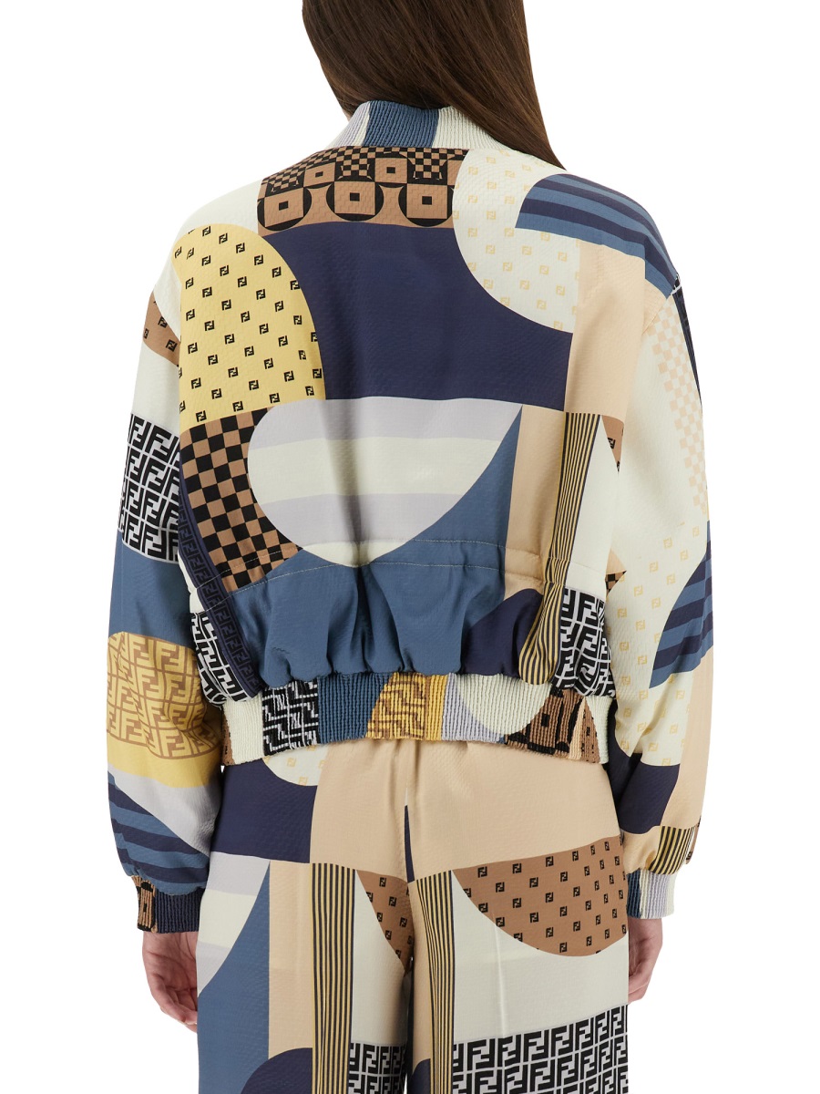 Fendi SILK BOMBER JACKET WITH PATCHWORK PRINT Blauw