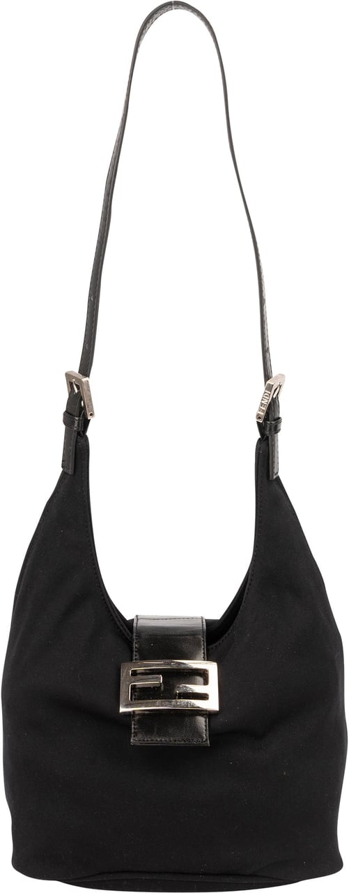 Fendi Fendi Black Cotton Baguette Buckle Shoulder Bag Zwart