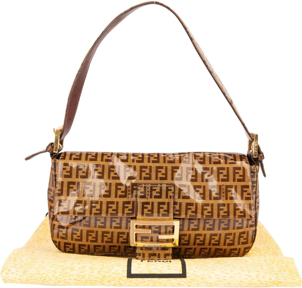 Fendi Fendi FF Patent Monogram Baguette Handbag Bruin
