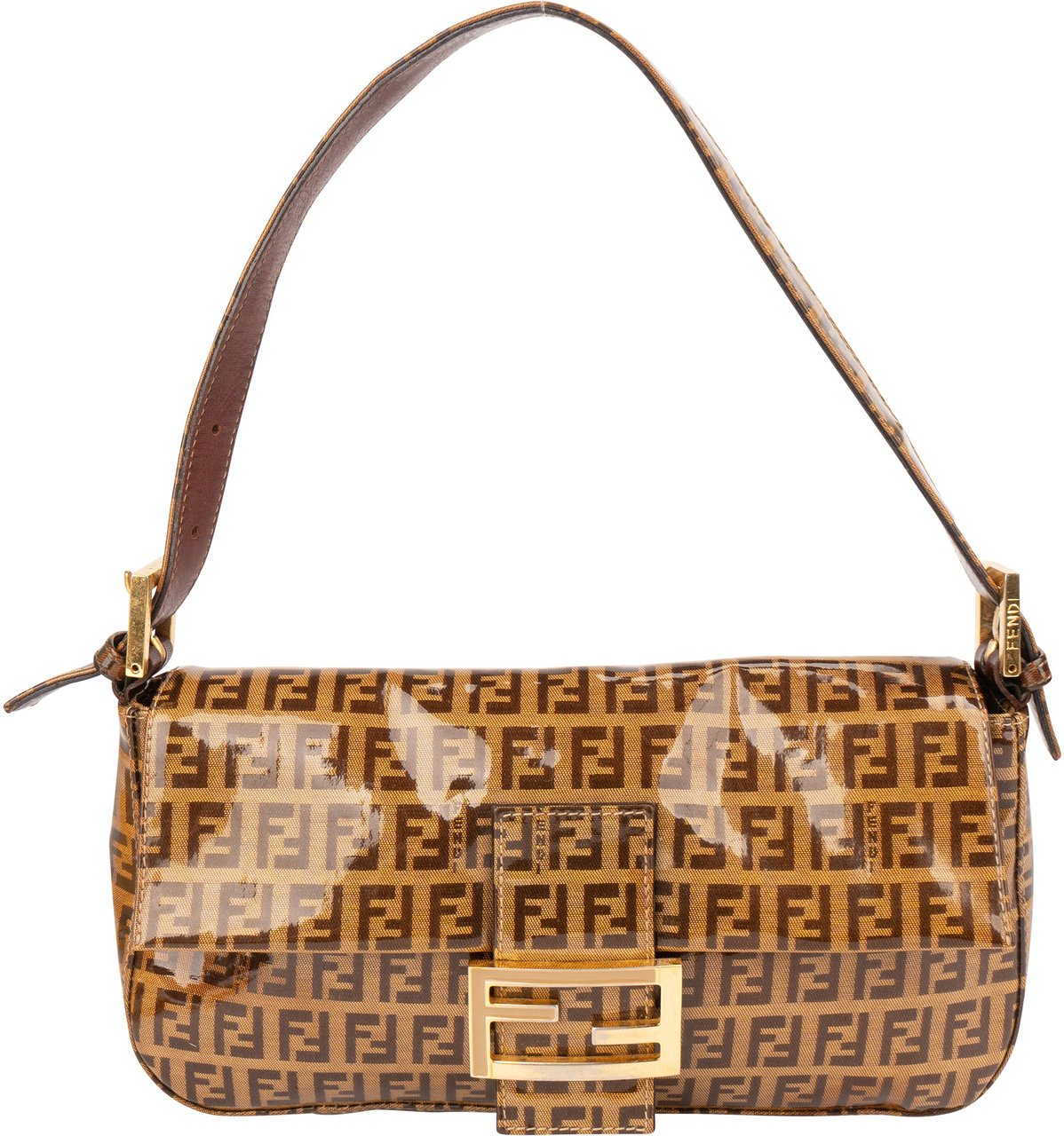Fendi Fendi FF Patent Monogram Baguette Handbag Bruin