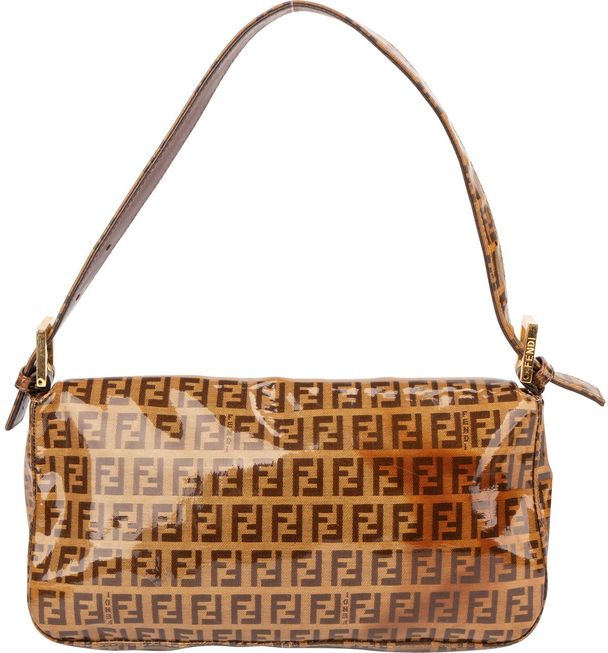 Fendi Fendi FF Patent Monogram Baguette Handbag Bruin