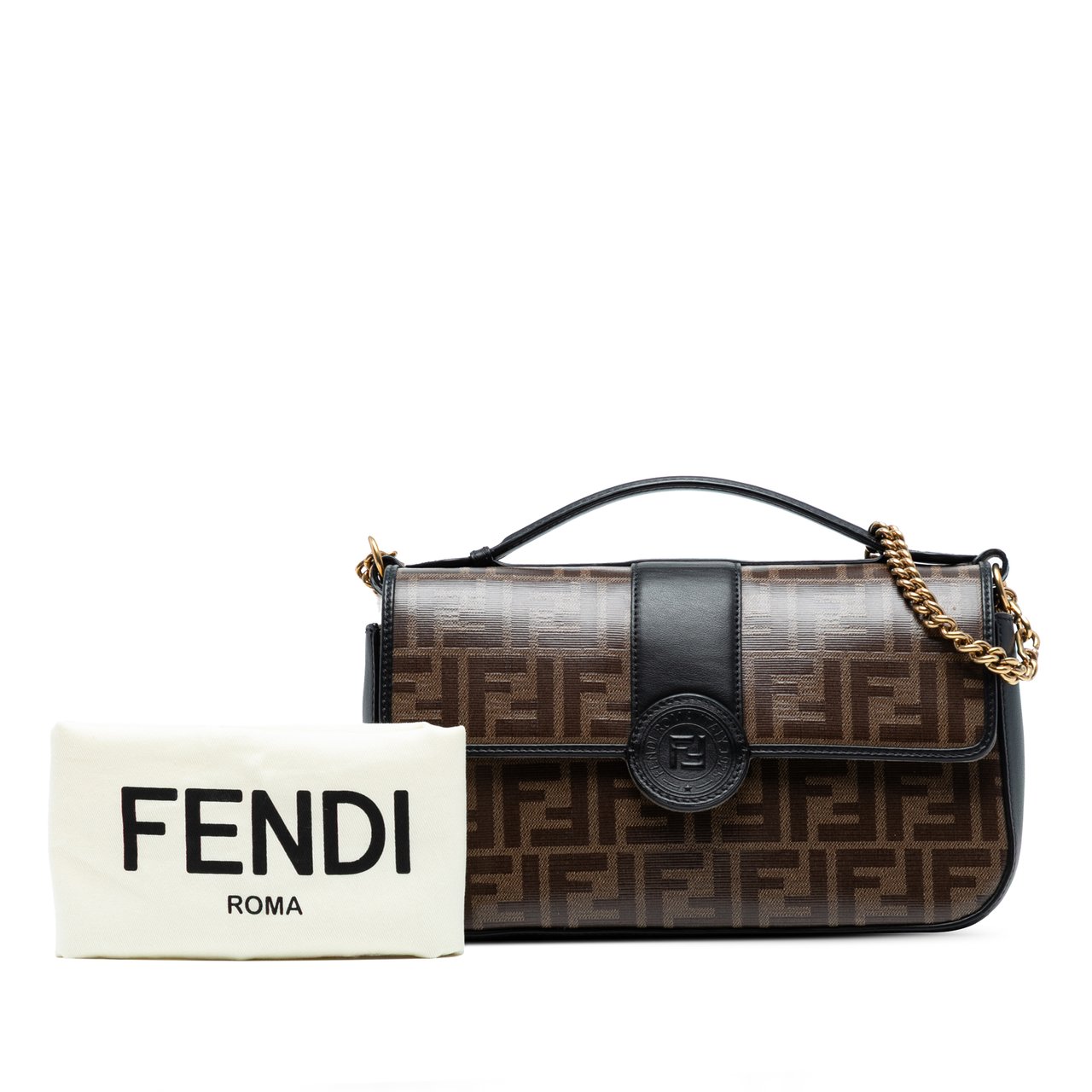 Fendi Zucca Crystal Double F Baguette Satchel Bruin