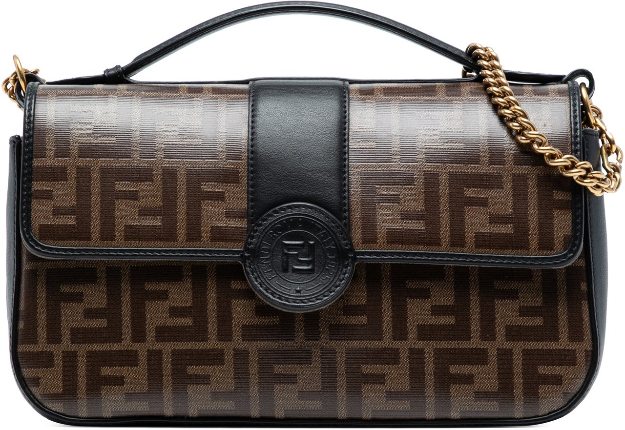 Fendi Zucca Crystal Double F Baguette Satchel Bruin