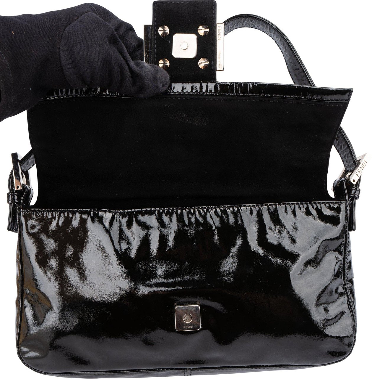 Fendi Fendi Limited Black Patent Leather Baguette Handbag Zwart