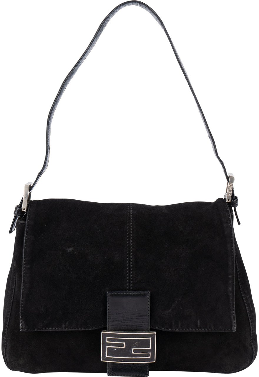 Fendi Fendi Black Suede Baguette Mamma Shoulder Bag Zwart