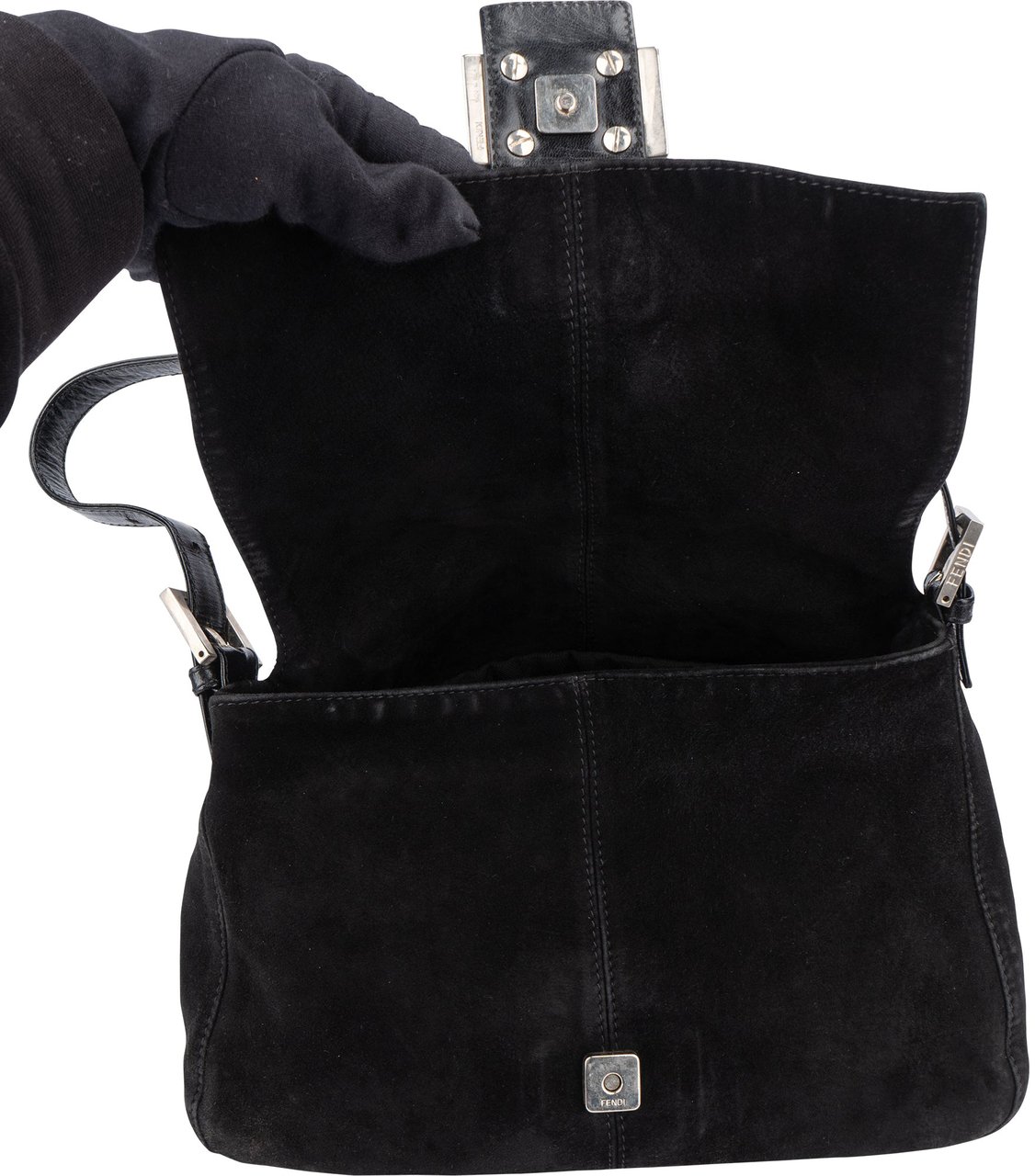 Fendi Fendi Black Suede Baguette Mamma Shoulder Bag Zwart