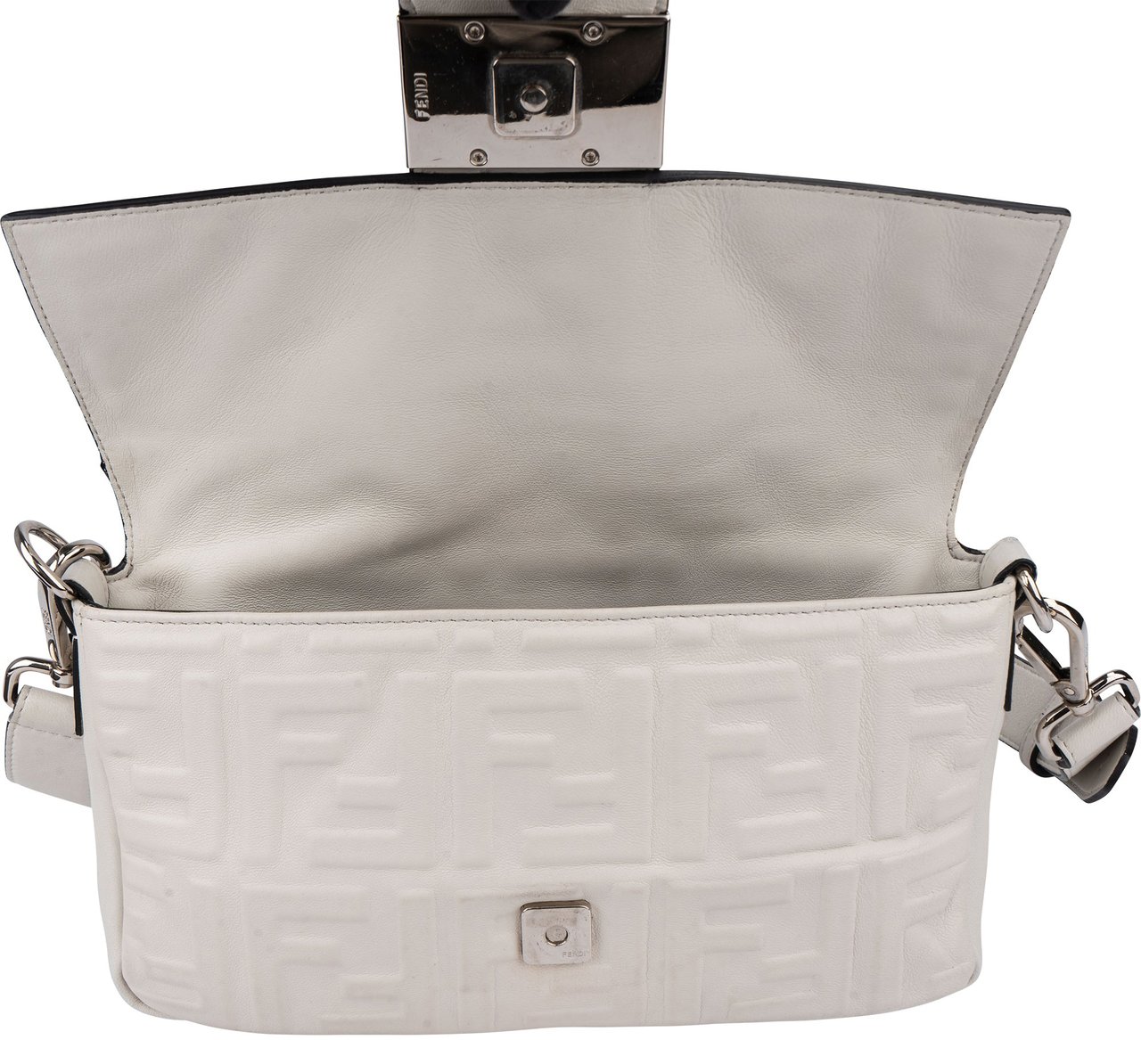 Fendi Fendi White FF Leather Monogram Baguette Crossbody Bag Wit