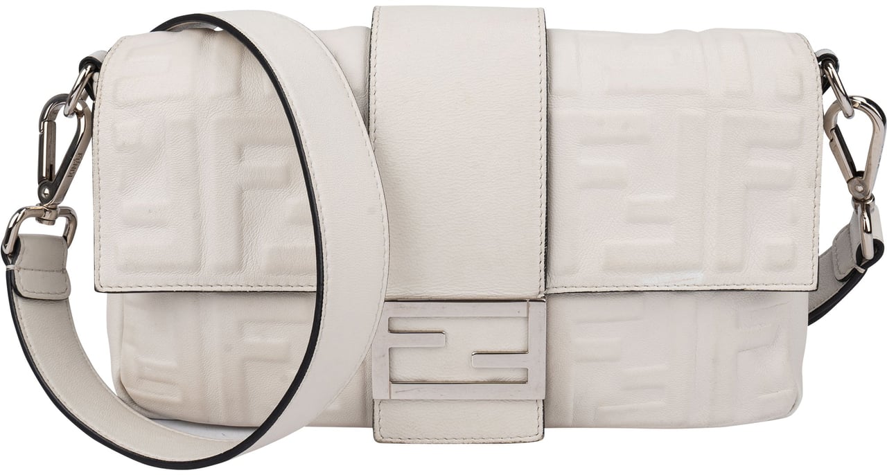 Fendi Fendi White FF Leather Monogram Baguette Crossbody Bag Wit