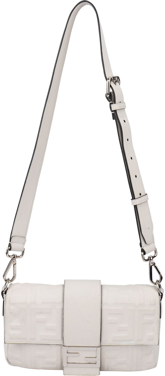Fendi Fendi White FF Leather Monogram Baguette Crossbody Bag Wit
