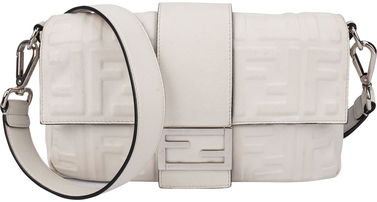 Fendi Fendi White FF Leather Monogram Baguette Crossbody Bag Wit