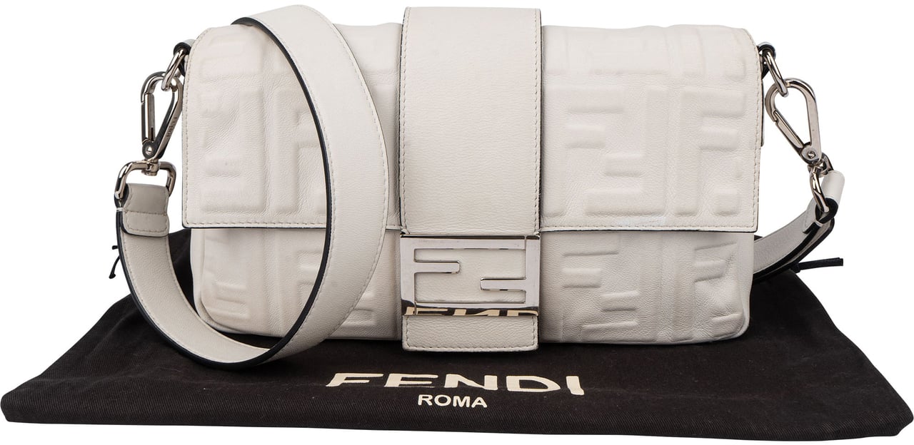 Fendi Fendi White FF Leather Monogram Baguette Crossbody Bag Wit