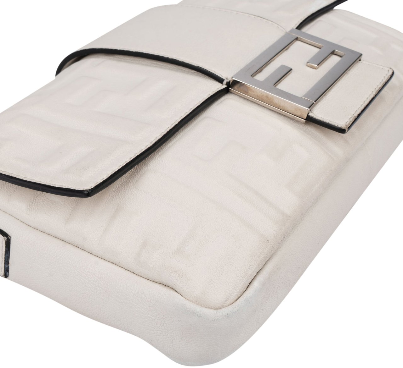 Fendi Fendi White FF Leather Monogram Baguette Crossbody Bag Wit