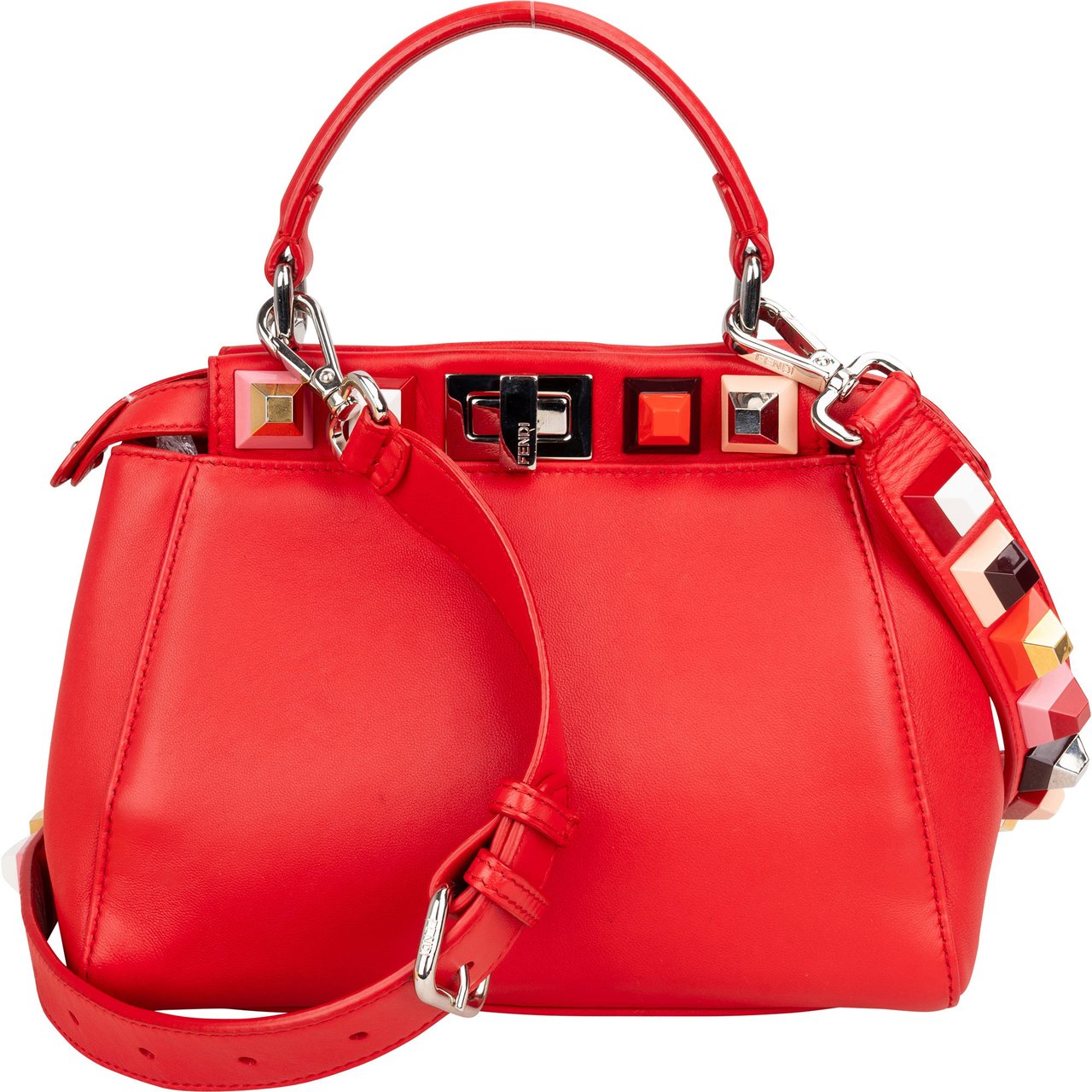 Fendi Fendi Red Leather Spikes Mini Peekaboo Handbag Rood
