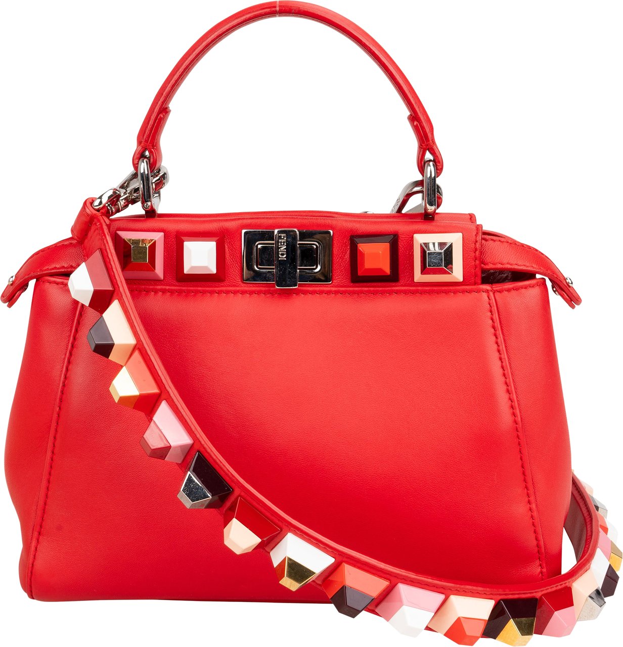Fendi Red Leather Spikes Mini Peekaboo Handbag Divers