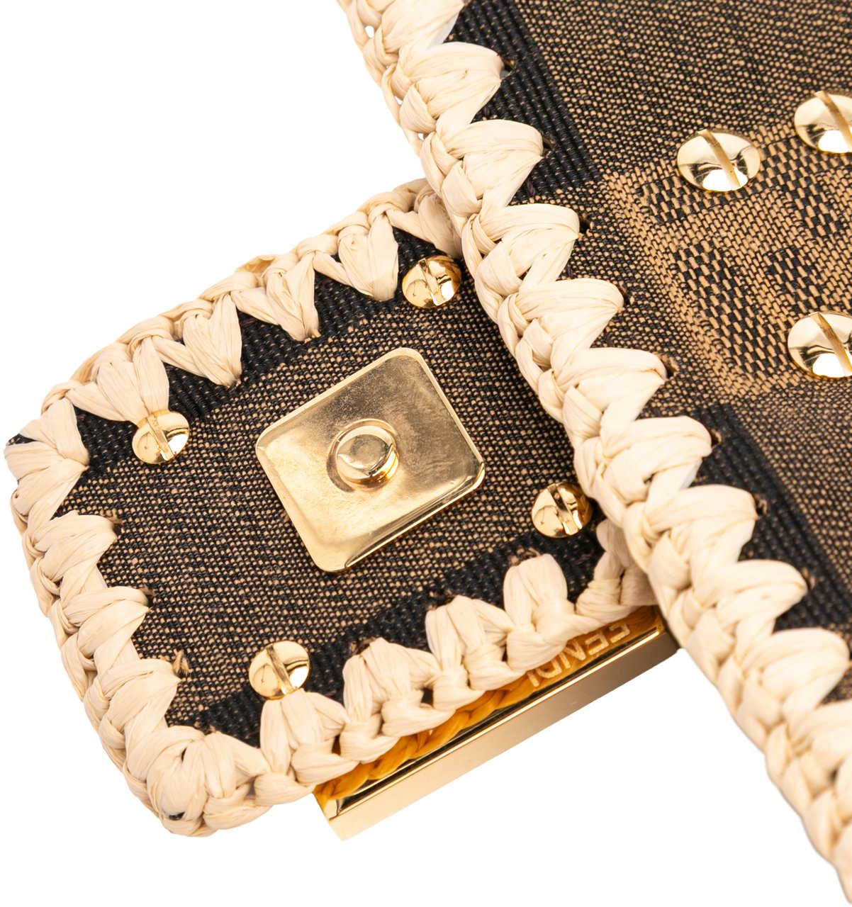 Fendi Pequin Gingham Canvas And Raffia Baguette Satchel Bruin