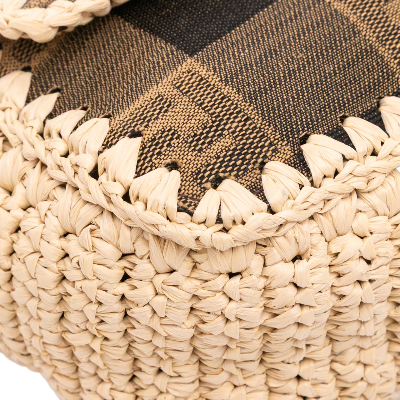 Fendi Pequin Gingham Canvas And Raffia Baguette Satchel Bruin