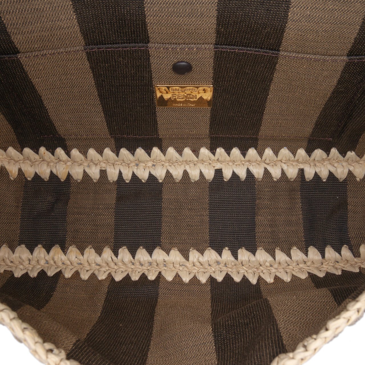 Fendi Pequin Gingham Canvas And Raffia Baguette Satchel Bruin