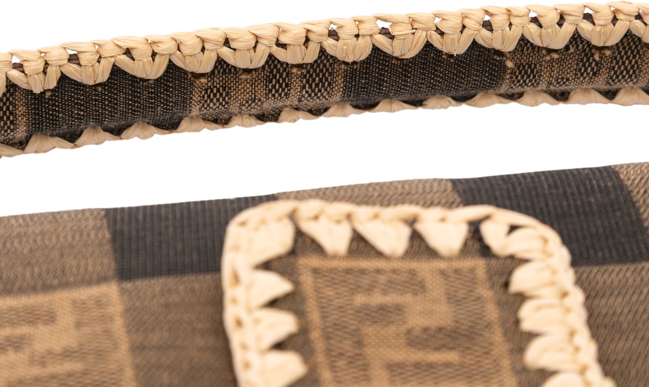 Fendi Pequin Gingham Canvas And Raffia Baguette Satchel Bruin