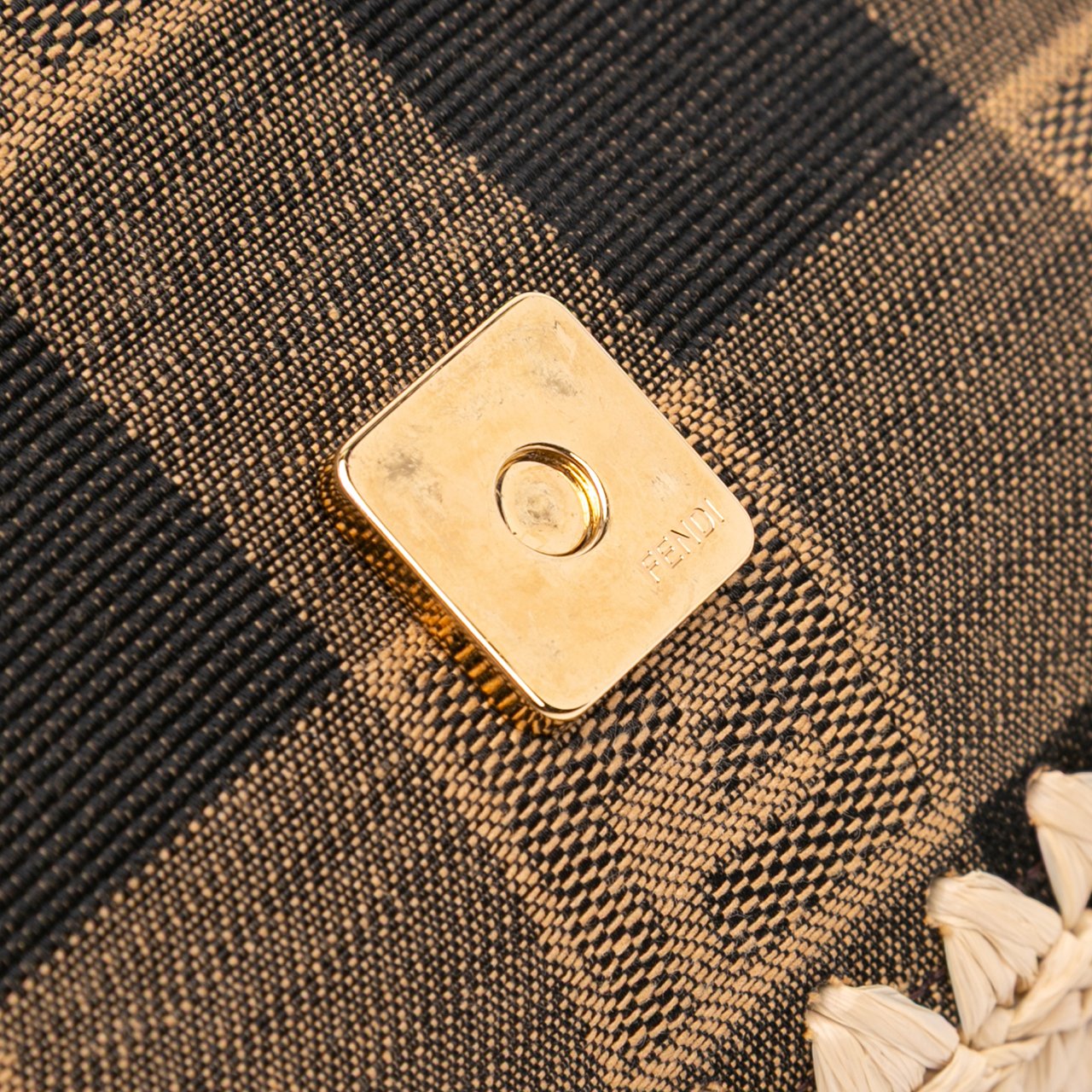 Fendi Pequin Gingham Canvas And Raffia Baguette Satchel Bruin