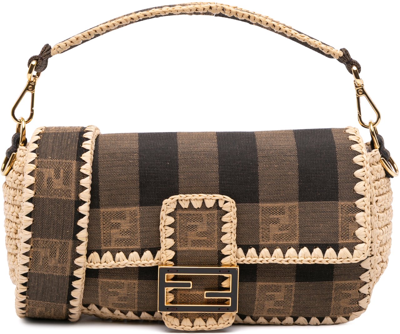 Fendi Pequin Gingham Canvas And Raffia Baguette Satchel Bruin
