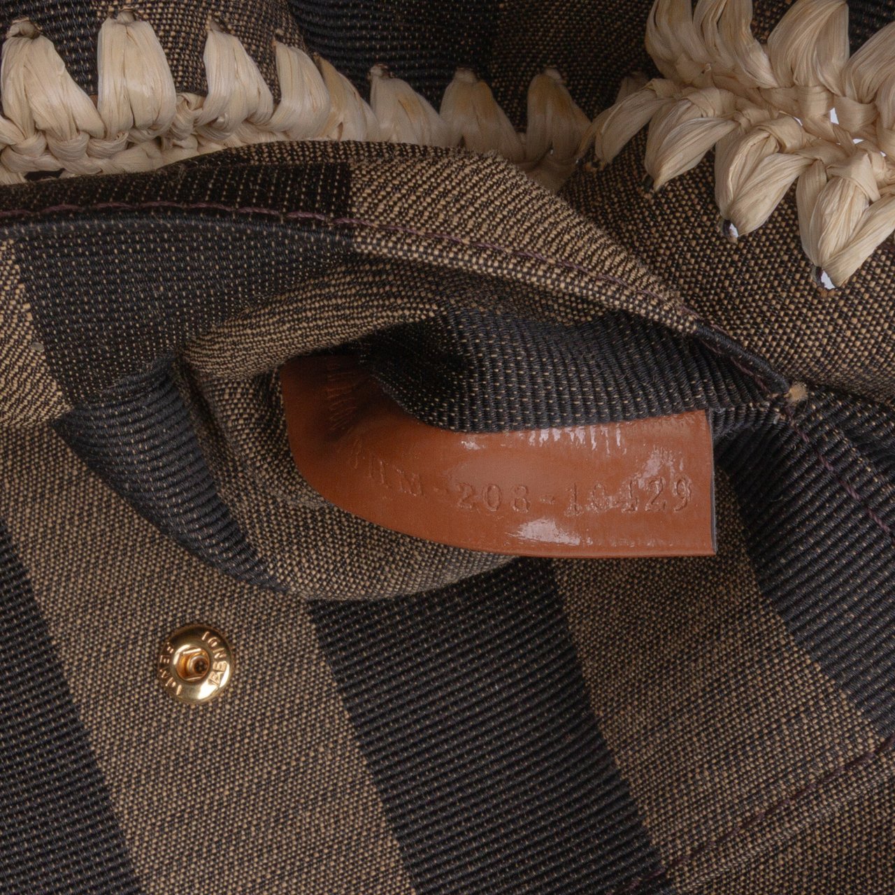 Fendi Pequin Gingham Canvas And Raffia Baguette Satchel Bruin