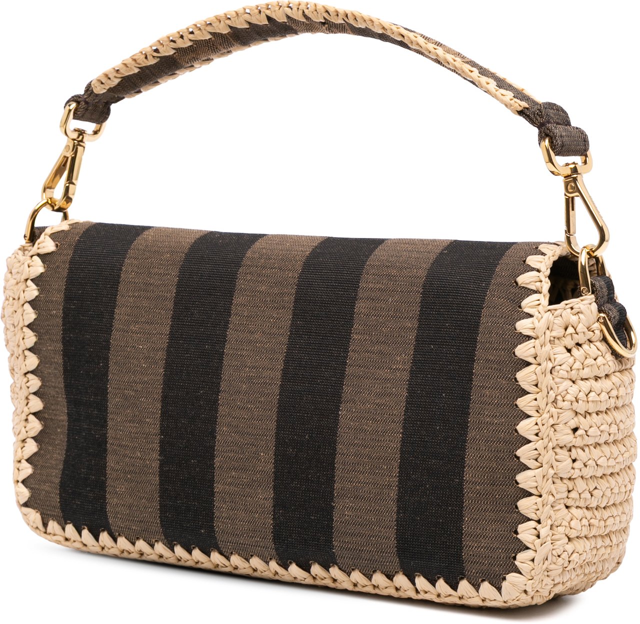 Fendi Pequin Gingham Canvas And Raffia Baguette Satchel Bruin