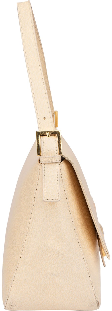 Fendi Fendi Leather Crystal FF Buckle Baguette Mamma Handbag Beige