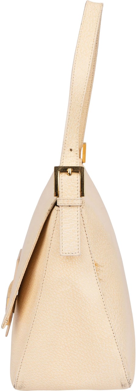 Fendi Fendi Leather Crystal FF Buckle Baguette Mamma Handbag Beige