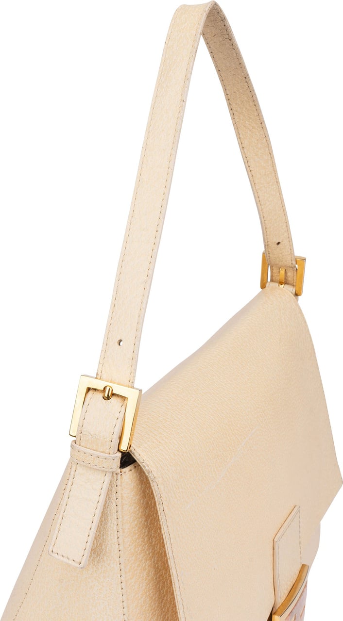 Fendi Fendi Leather Crystal FF Buckle Baguette Mamma Handbag Beige