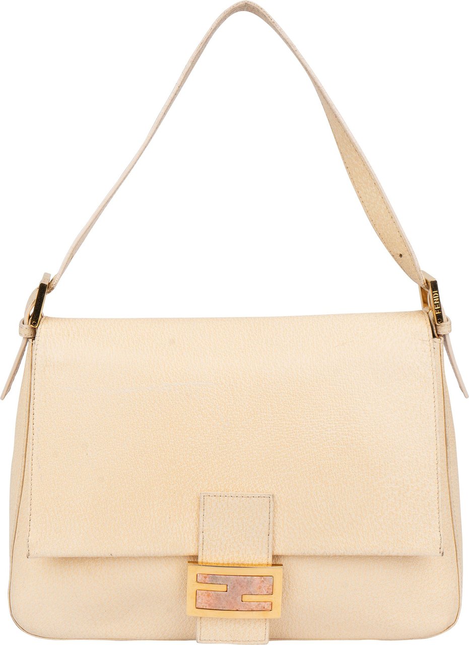 Fendi Fendi Leather Crystal FF Buckle Baguette Mamma Handbag Beige