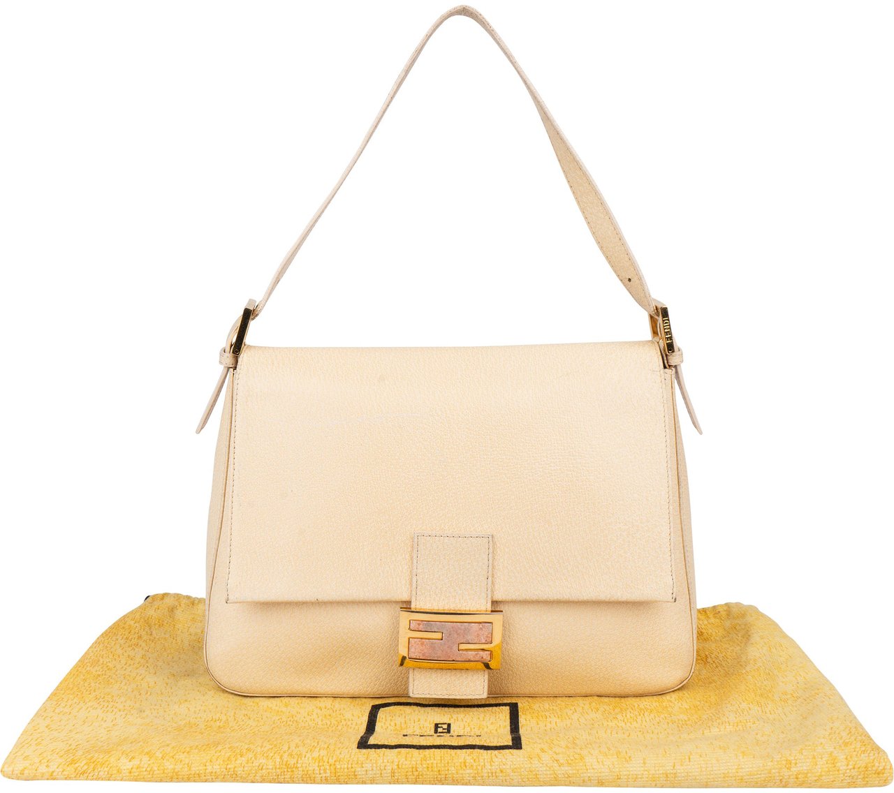 Fendi Fendi Leather Crystal FF Buckle Baguette Mamma Handbag Beige