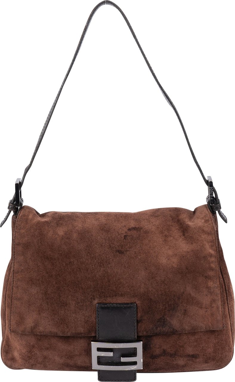 Fendi Fendi Suede FF Buckle Mamma Baguette Handbag Bruin