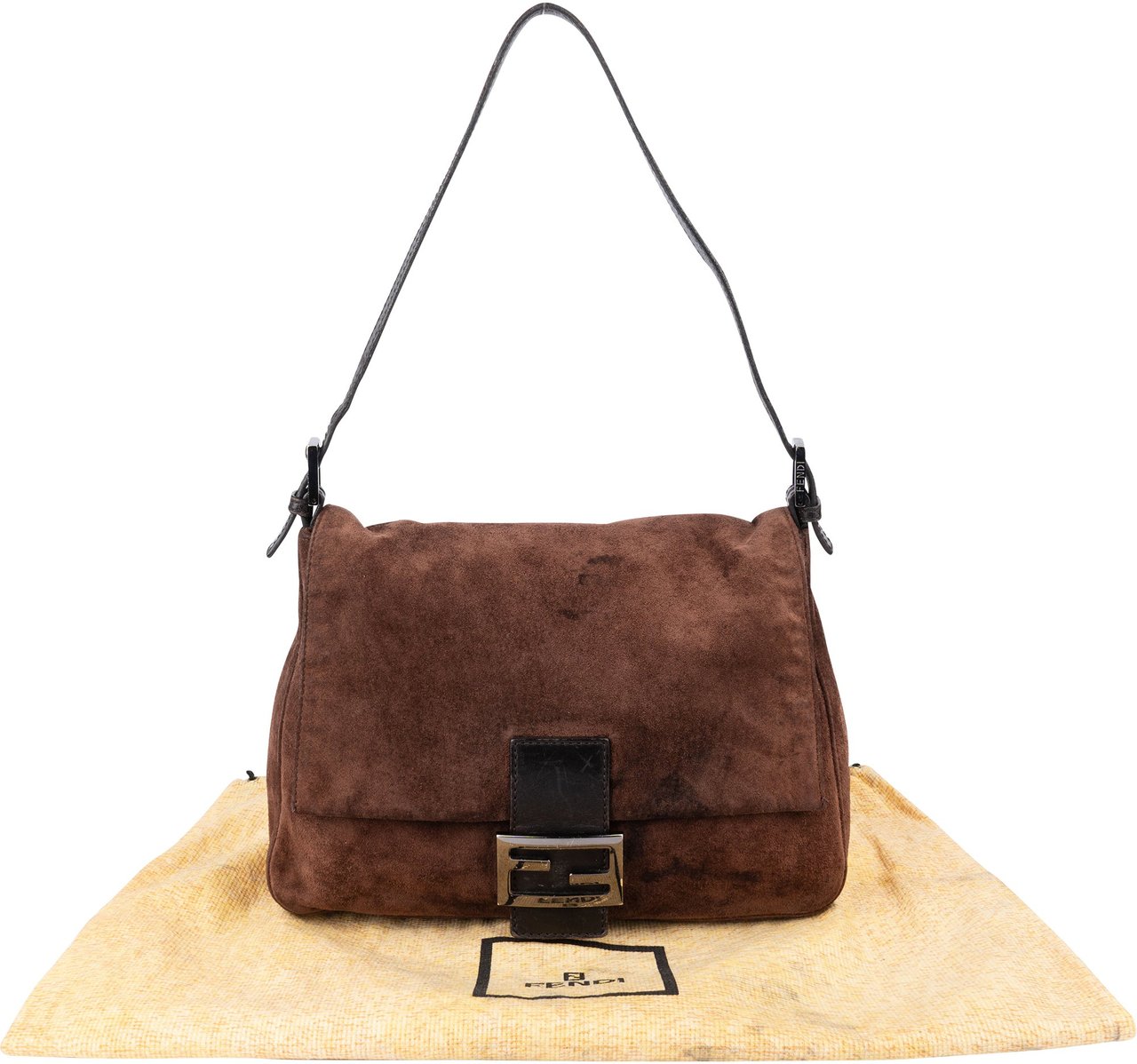 Fendi Fendi Suede FF Buckle Mamma Baguette Handbag Bruin