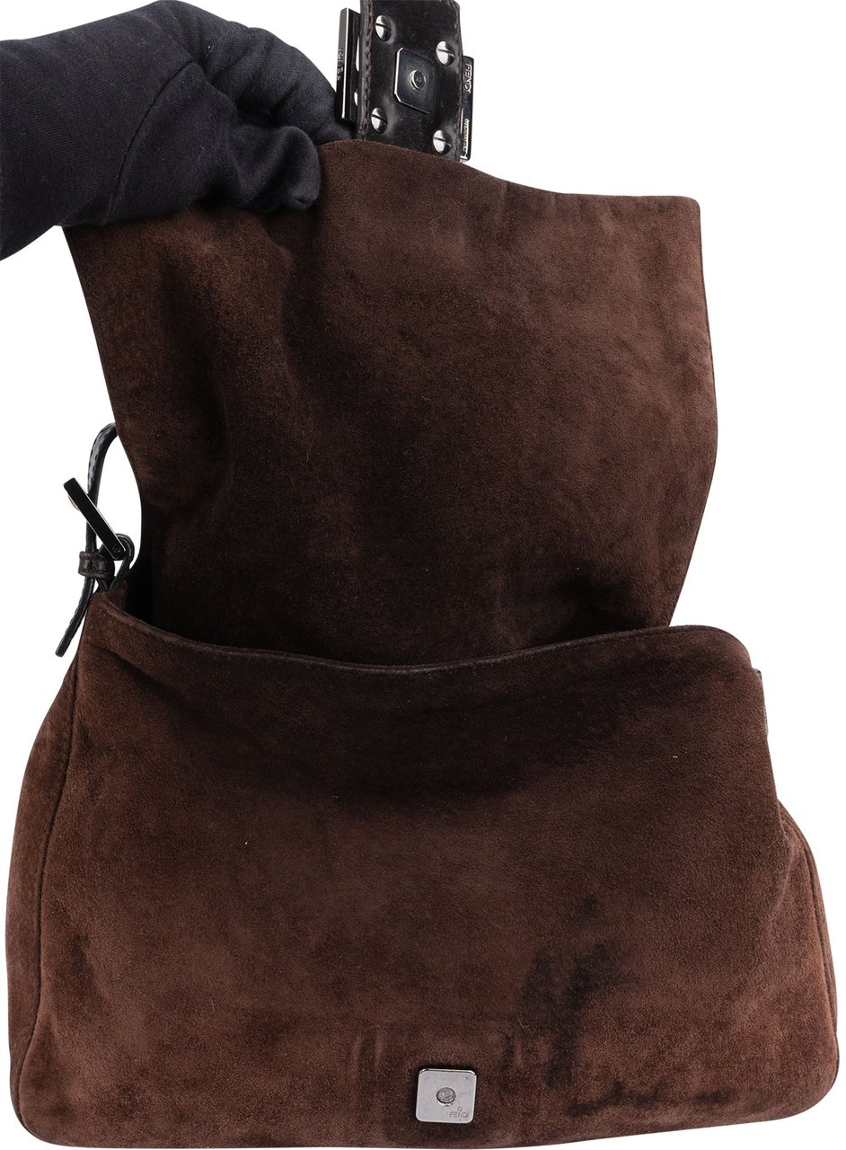 Fendi Fendi Suede FF Buckle Mamma Baguette Handbag Bruin