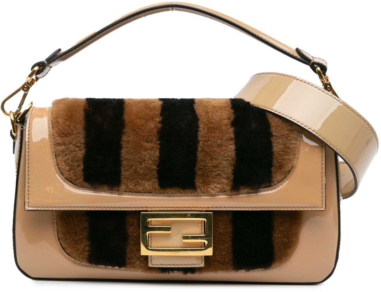 Fendi Shearling Pequin Baguette Satchel Bruin