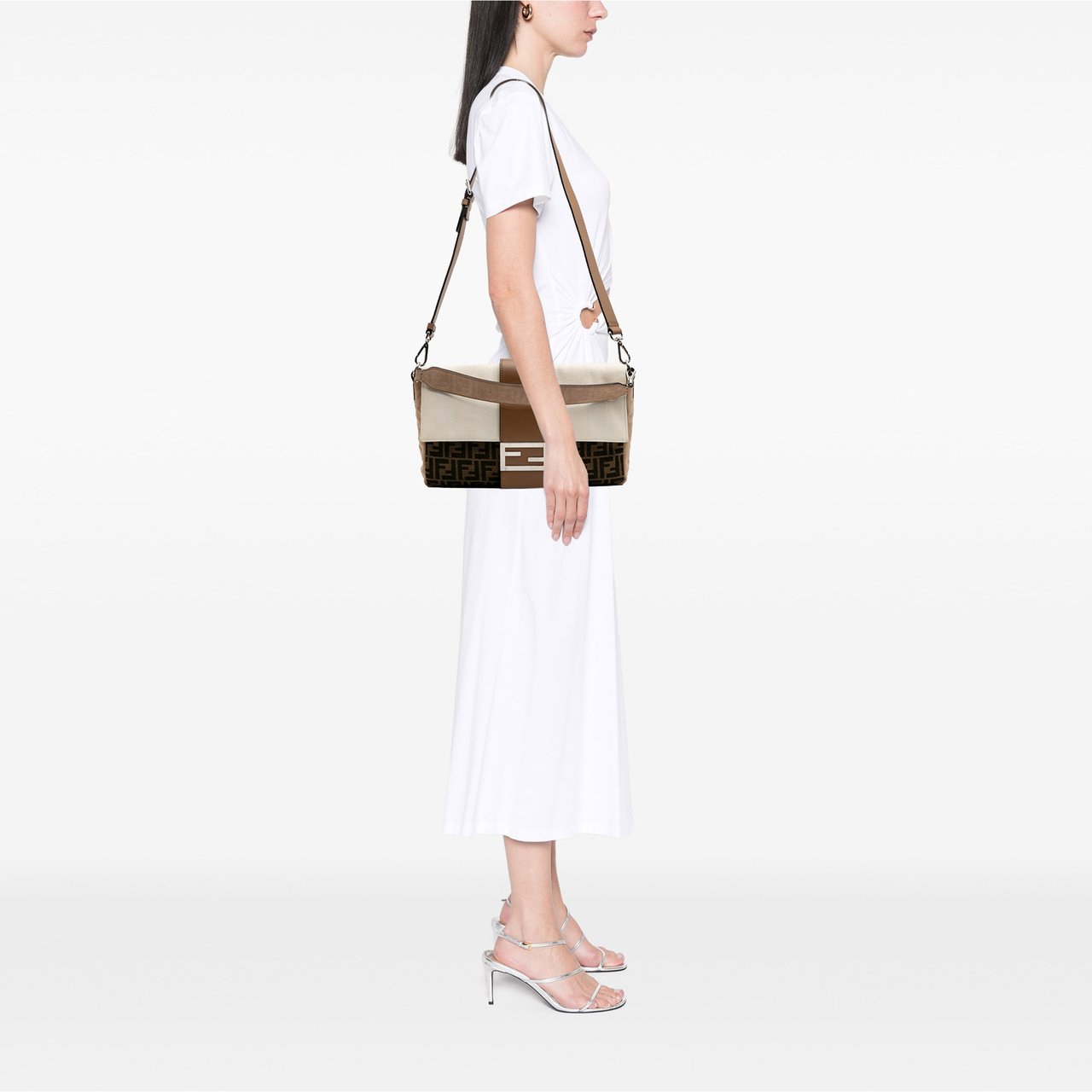 Fendi Large Zucca and Pequin Canvas Convertible Baguette Satchel Bruin