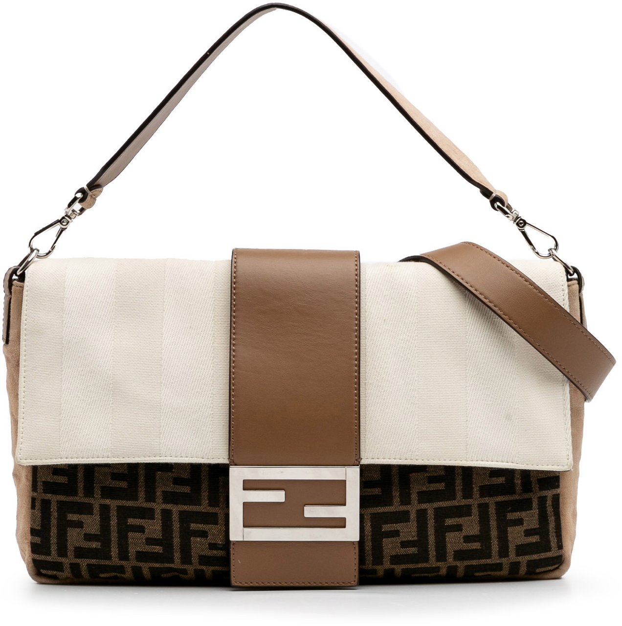 Fendi Large Zucca and Pequin Canvas Convertible Baguette Satchel Bruin
