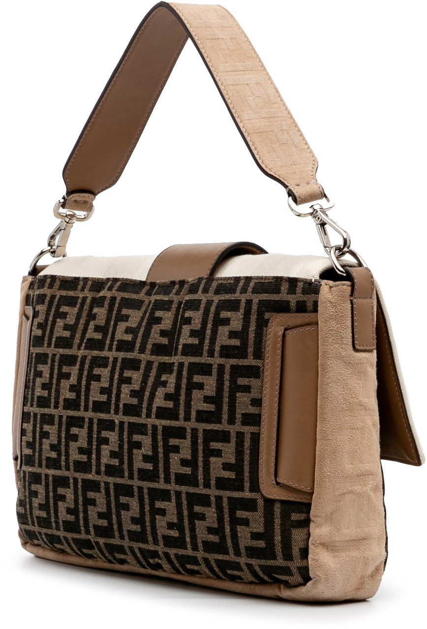 Fendi Large Zucca and Pequin Canvas Convertible Baguette Satchel Bruin