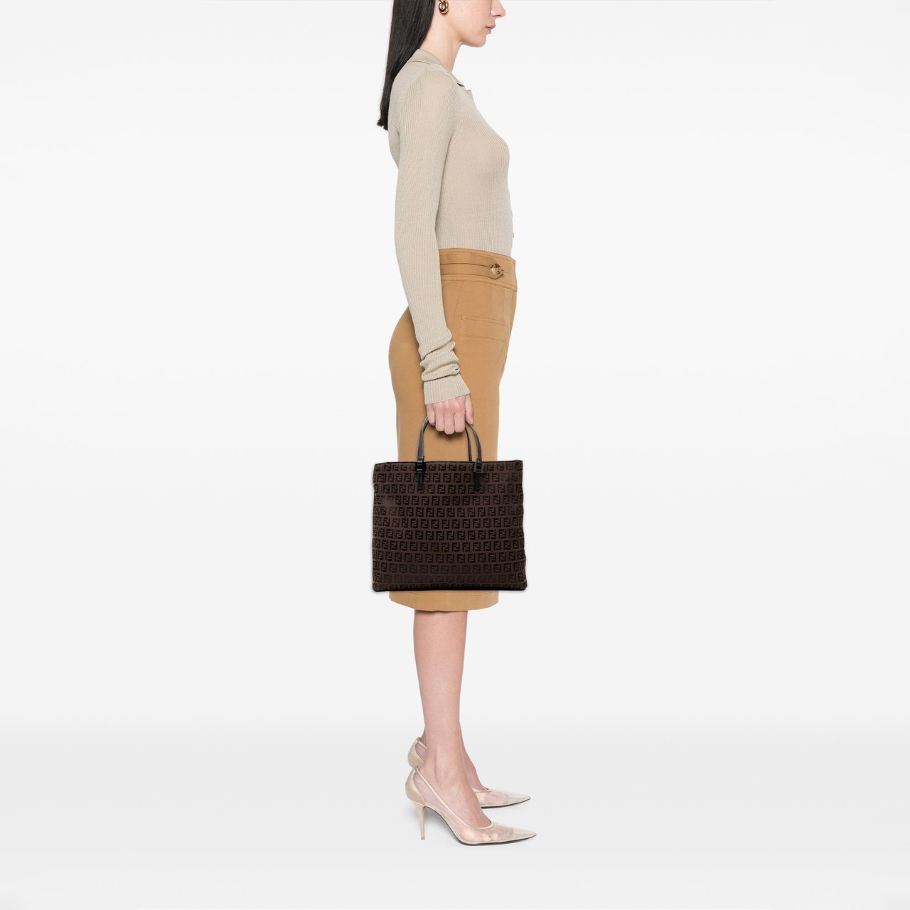 Fendi Zucchino Canvas Tote Bruin