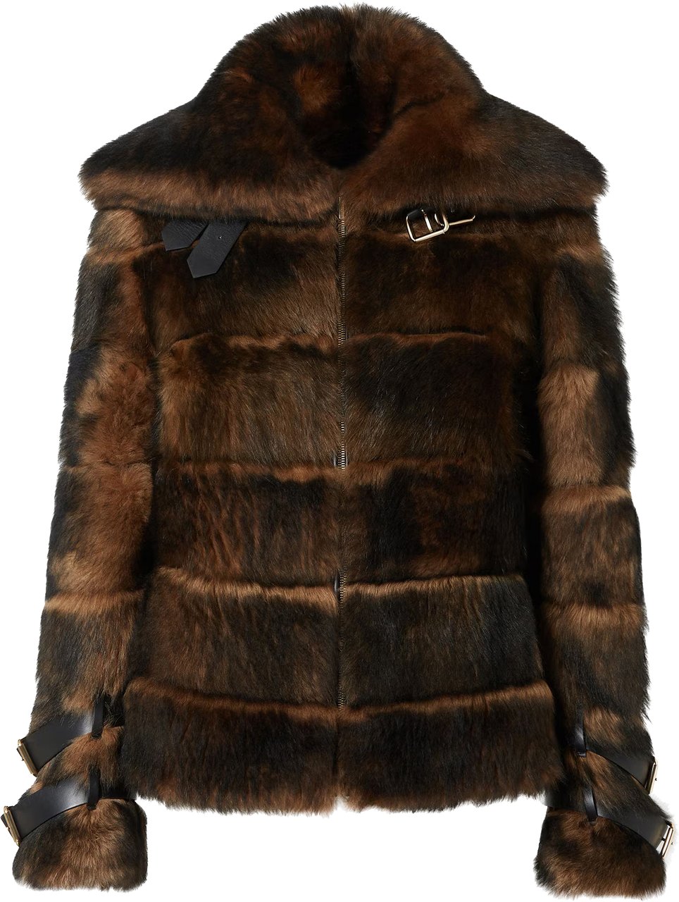 Fendi Structured Dark Brown Shearling Jacket with Buckle Details Zwart