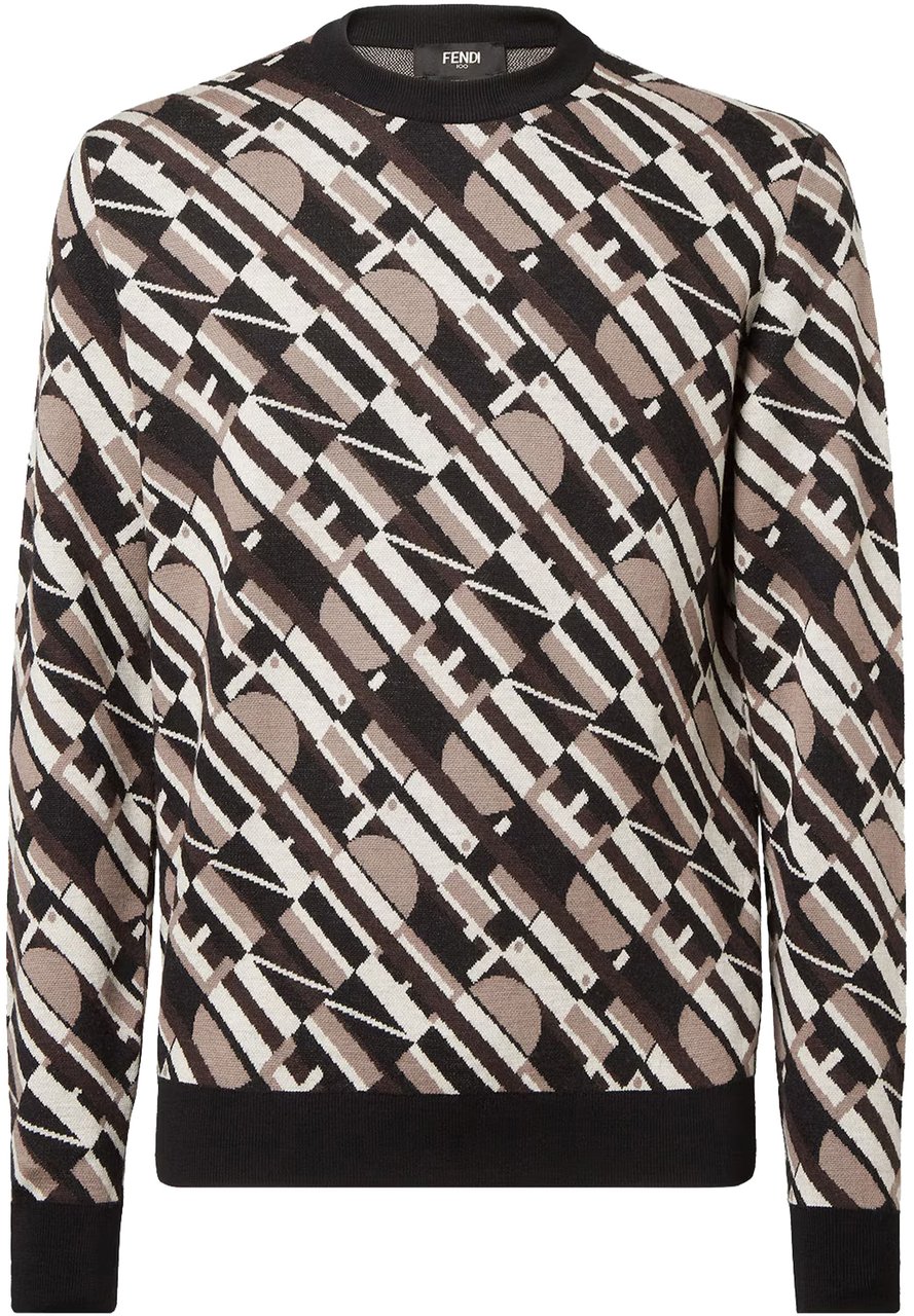 Fendi Long-Sleeve Geometric Pattern Crewneck Black Sweater Zwart