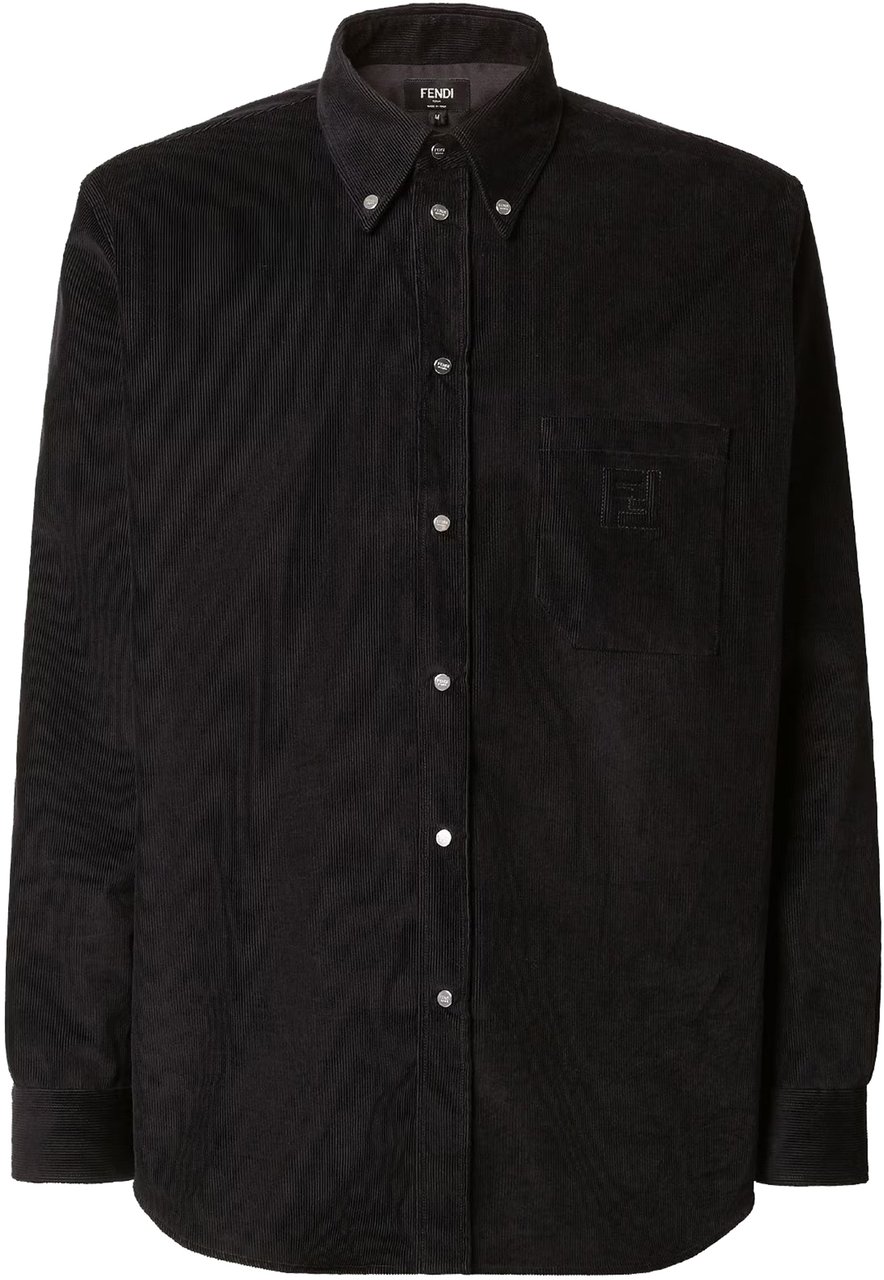 Fendi Black Corduroy Button-Down Chest Pocket Shirt Zwart