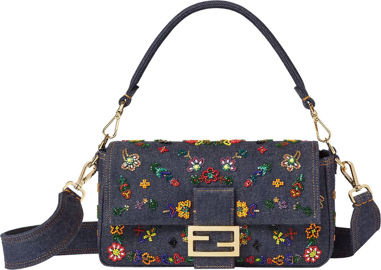 Fendi Blue Baguette Denim Ricamo Bag Grijs