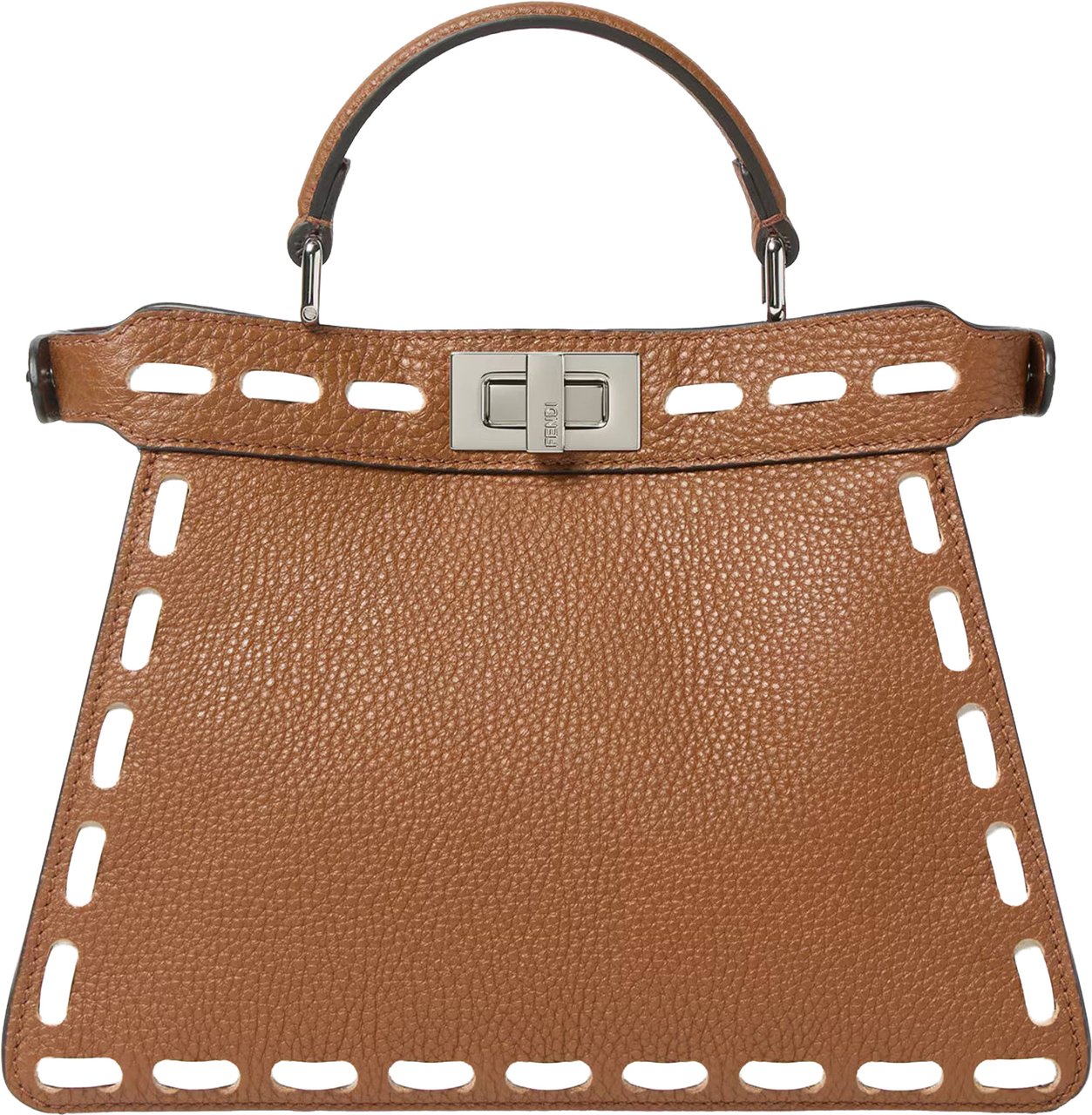 Fendi Trapezoidal Leather Handbag with Stitched Detailing and Silver-tone Closure Bruin