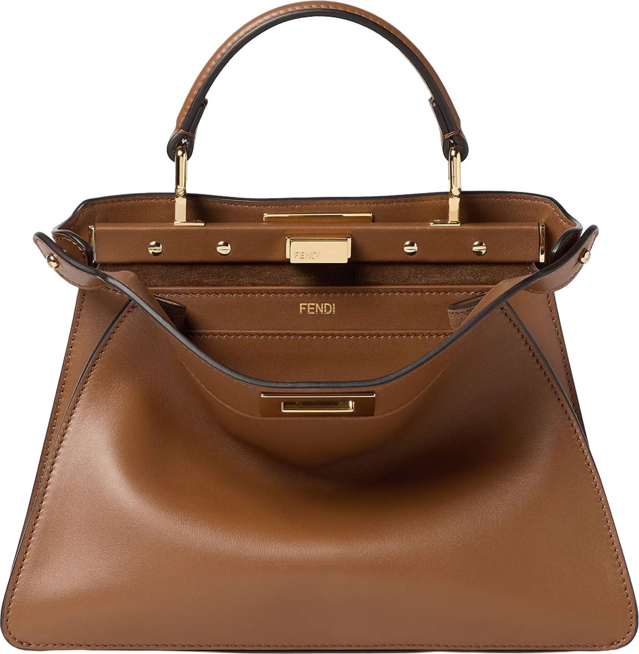 Fendi Structured Calf Leather Handbag with Beaded Flap and Gold-tone Hardware Bruin