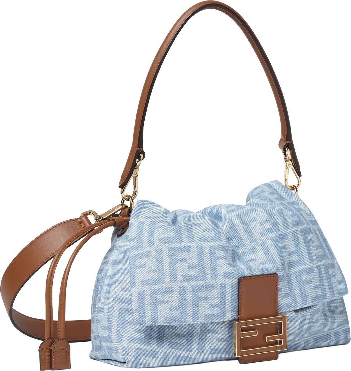 Fendi Soft Slouchy Baguette Bag with Monogram Pattern and Gold-tone Clasp Grijs